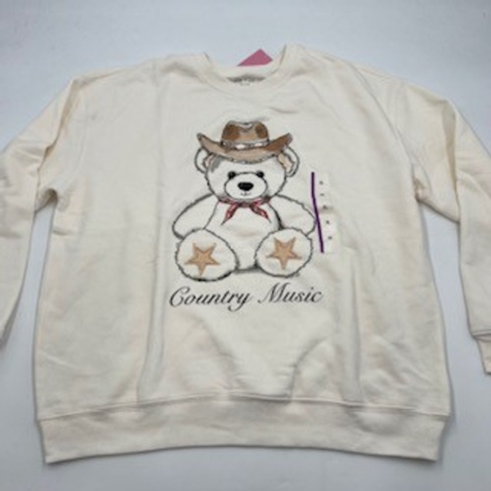 Zoe + Liv Womens Country Music Cowboy Teddy Bear‎ Sweatshirt Cream XL NEW